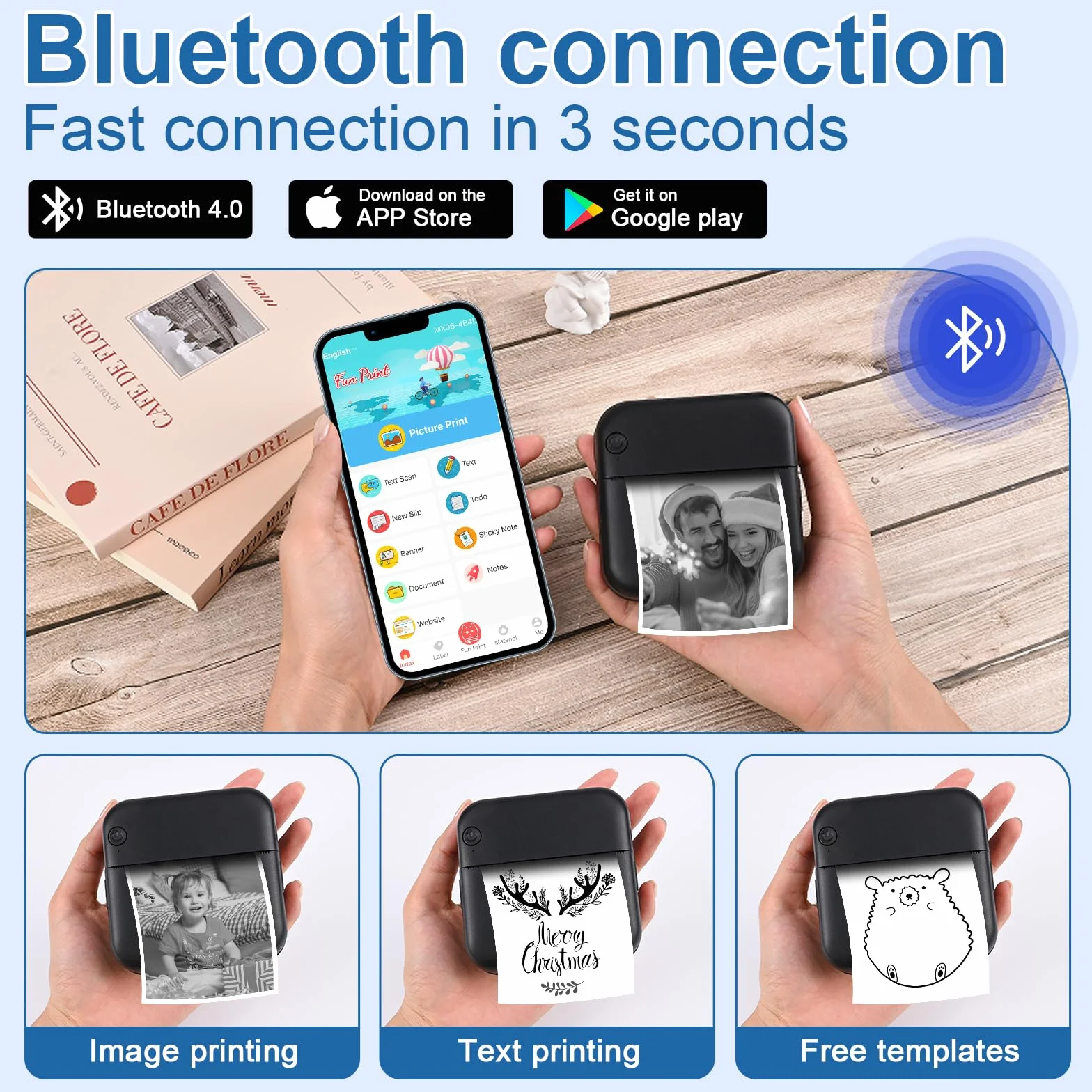 GuKKK Mini Impresora para Movil, Impresora Fotográfica, Portátil Mini Impresora Bluetooth Impresora Termica, Inalámbrico Impresora Térmica Con 13 Rolls of Paper, Movil Impresora Fotos, para Fotos Nota