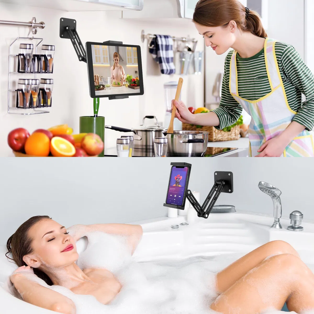 Soporte de pared para tableta, soporte de pared para iPad con brazo extensible y base de metal estable, altura ajustable y plegable, soporte de pared para iPhone, iPad Pro/Air/Mini, Galaxy Tab