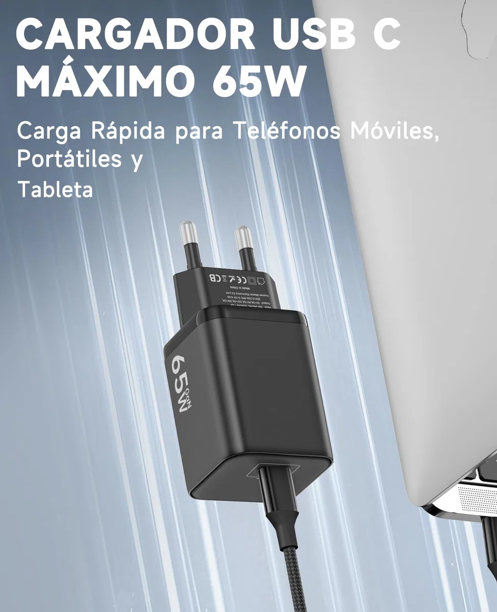 Cargador USB C 65W, Carga Rápida PD3.0 PPS Adaptador Portátil GAN II con Cable USB C Trenzado 2M, Compatible para MacBook Pro/Air, para iPhone 17/16/15, para Samsung Galaxy S25/S24/S23 Ultra(Negro)