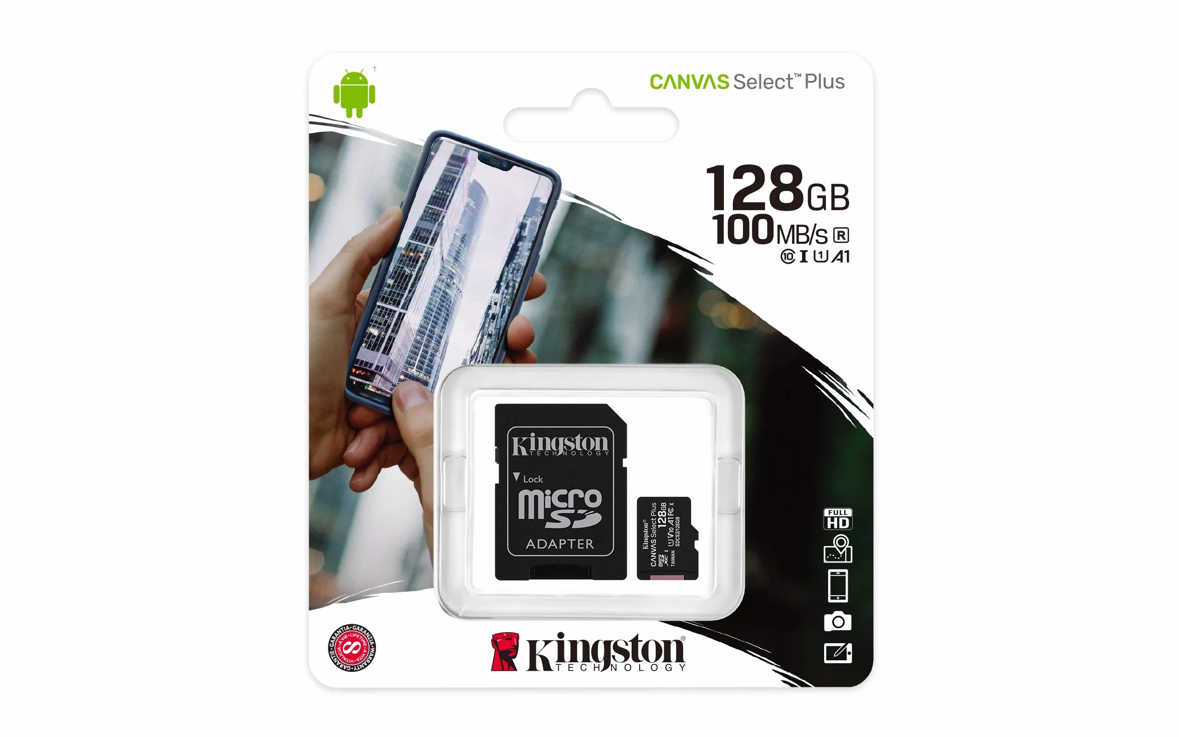 Kingston Canvas Select Plus Tarjeta microSD, SDCS2/128GB Class 10 con Adaptador SD, garantía de por vida con el fabricante.