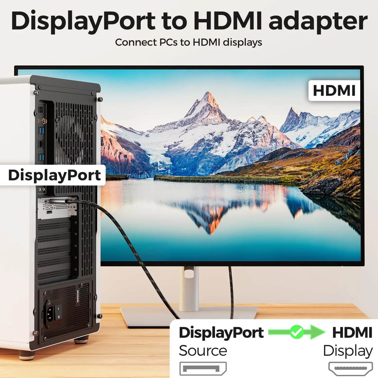 deleyCON 1m 4K Cable DisplayPort a HDMI (para Monitor, TV, Proyector) - 4K@60Hz - Unidireccional DisplayPort a HDMI - Conector Aluminio + Cable Nylon - para DP Ordenador, PC, Tarjeta Gráfica