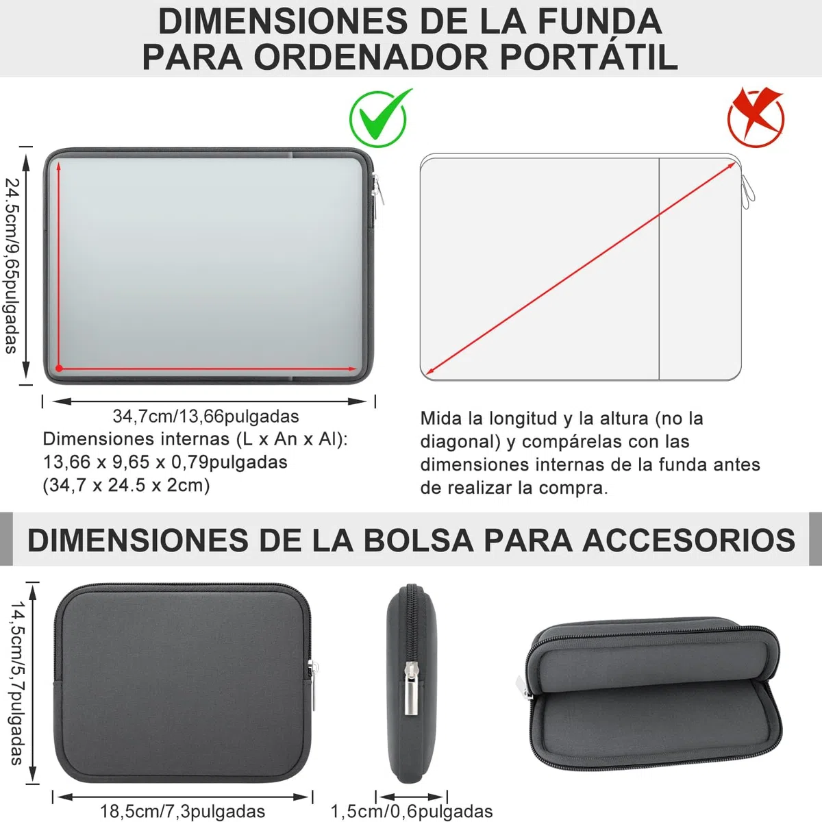 RAINYEAR Funda para Portátil con Bolsa de Accesorios de Bolsillo Compatible con Notebook Chromebook de 13,3 Pulgadas, Macbook Air Pro de 13 Pulgadas A1369 A1466 A1278(Gris,Versión Mejorada)