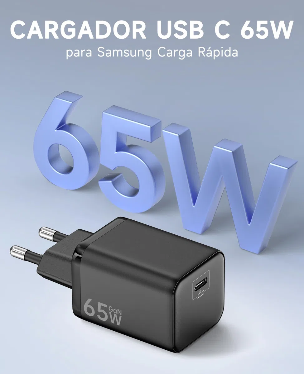 Cargador USB C 65W, Carga Rápida PD3.0 PPS Adaptador Portátil GAN II con Cable USB C Trenzado 2M, Compatible para MacBook Pro/Air, para iPhone 17/16/15, para Samsung Galaxy S25/S24/S23 Ultra(Negro)