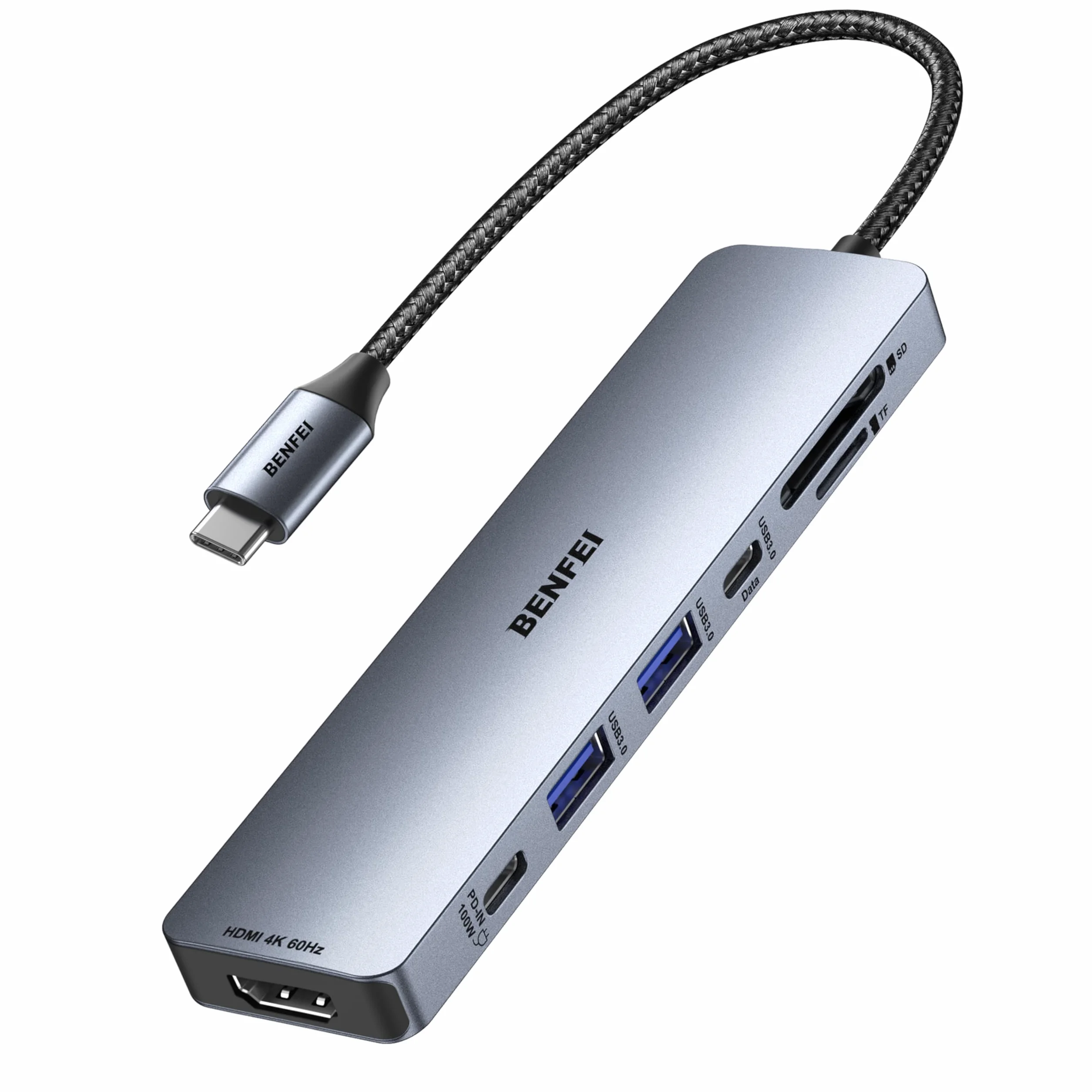 BENFEI HUB USB C 7 en 1 con HDMI (4K@60Hz), 2*USB-A, 1*USB-C de Datos, Carga 100W, Lector de Tarjetas SD/TF, Cable de Silicona antienredos Compatible con MacBook Pro/Air, iPad Pro, iMac, iPhone 16/15