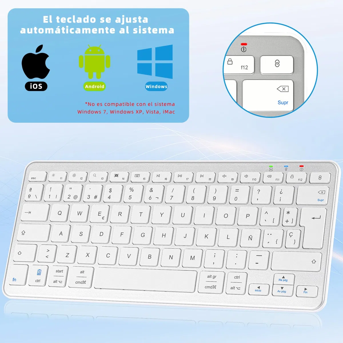 Teclado Bluetooth Español para iPad, iPhone, Tablet Samsung, Compatible con Todos los Dispositivos con Bluetooth de iOS, Android, Windows, Blanco