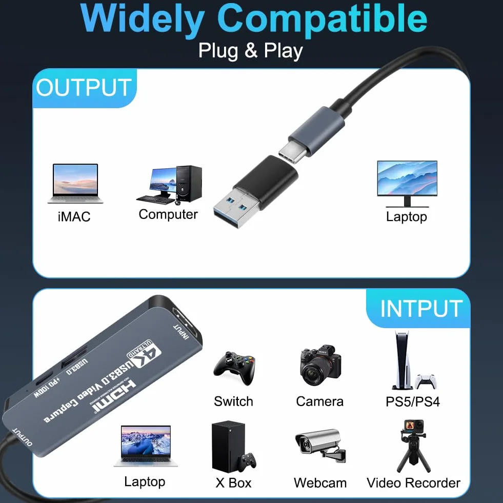 Flintronic Capturadora Video HDMI, 4K 1080P 60FPS, USB C 3.0 Tarjeta Captura Vídeo, 100W PD, Cargar Mientras se USA, para Streaming, Grabación de Juegos y Transmisión en Vivo – Compatible, Enseñanza