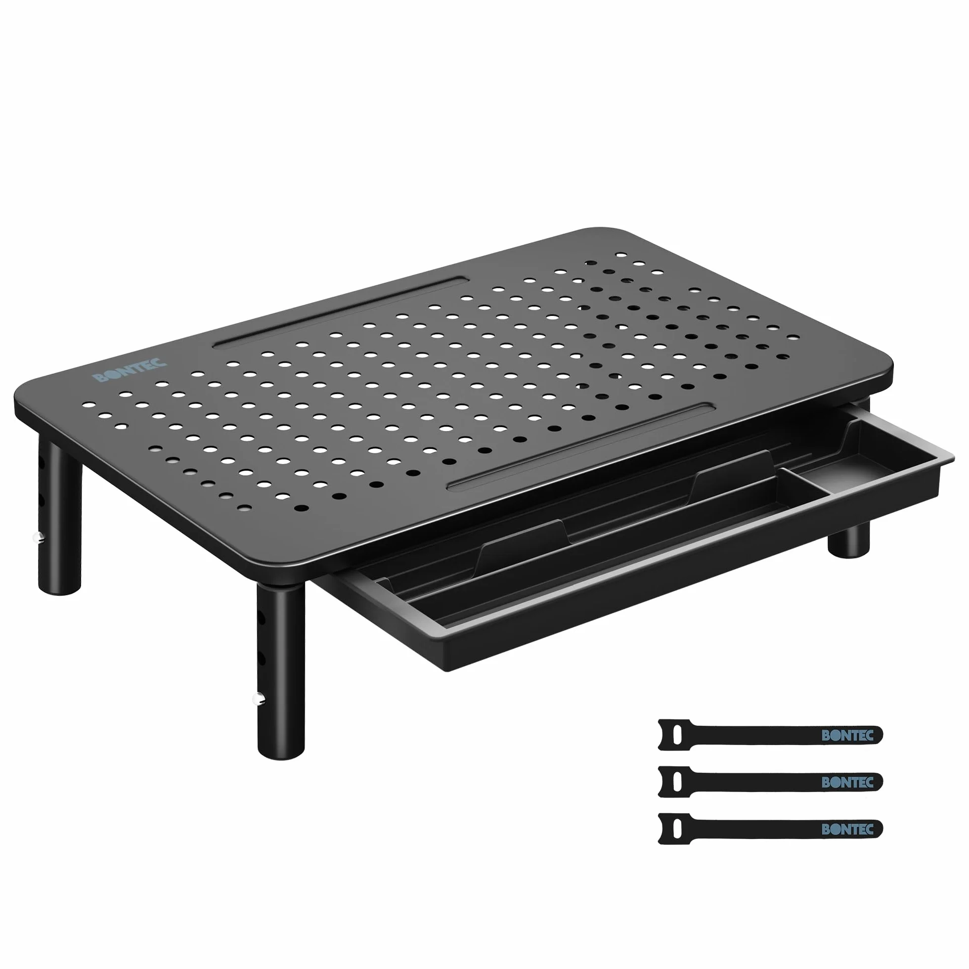 BONTEC Soporte para Monitor con Cajón, Elevador Monitor Escritorio de Tres Niveles de Alturas Ajustable con Plataforma de Malla para Computadora Portátil, iMac, Impresora, Capacidad hasta 20 kg