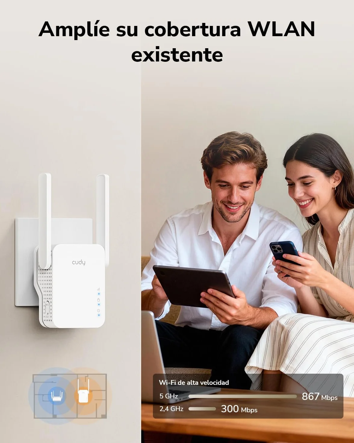 Cudy AC1200 Mesh- Repetidor de WiFi Mesh1200Mbps 5GHz/2.4GHz, Amplificador WiFi Extensor con Enchufe, Indicador de Señal, Antenas Internas, Blanco RE1200