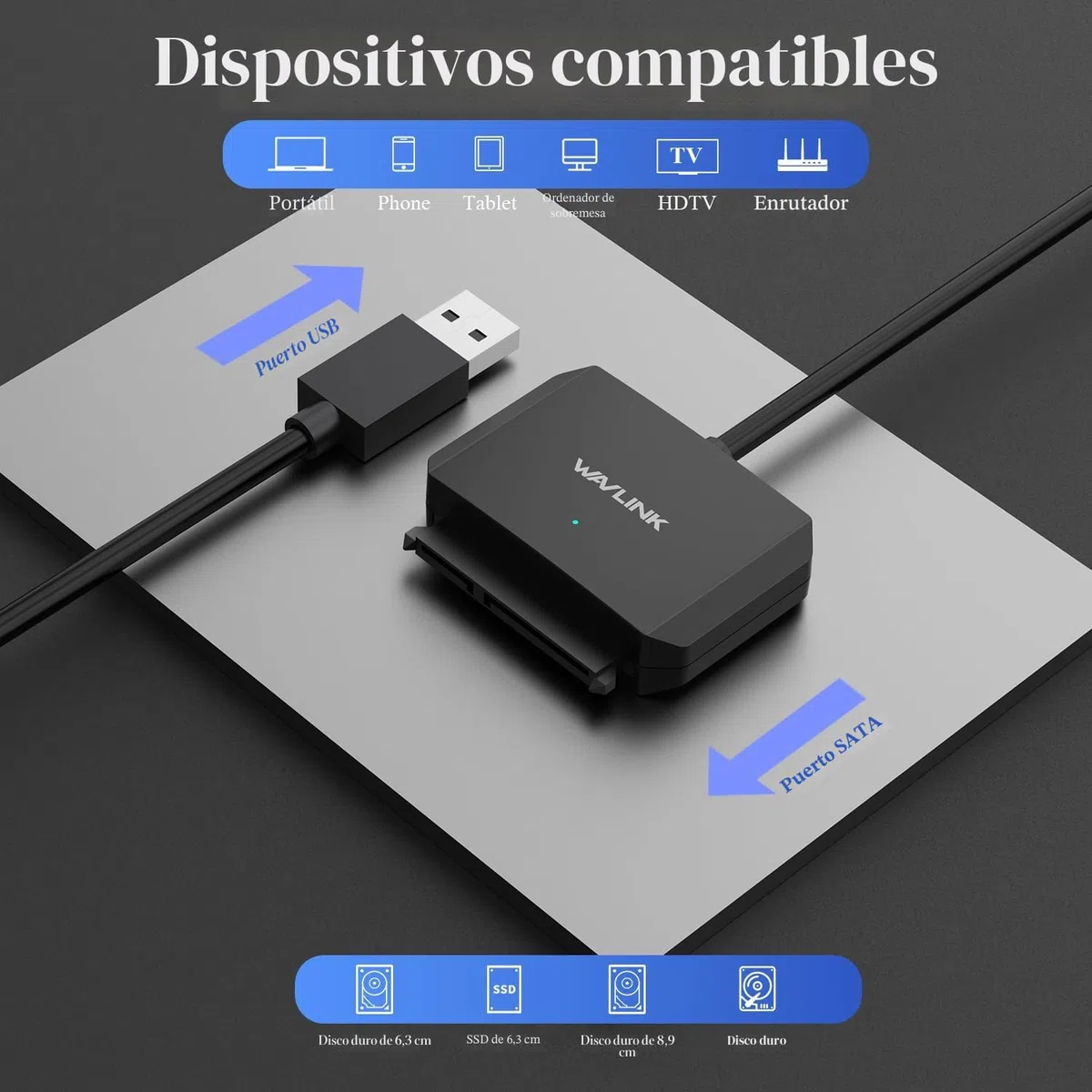 WAVLINK USB3.0 a SATA III Cable Adaptador de Disco Duro,Conector de Disco Duro Externo para 2,5''/3,5''HDD/SSD, SATA a USB A 5Gbps Convertidor,Adaptador de Corriente Incluido