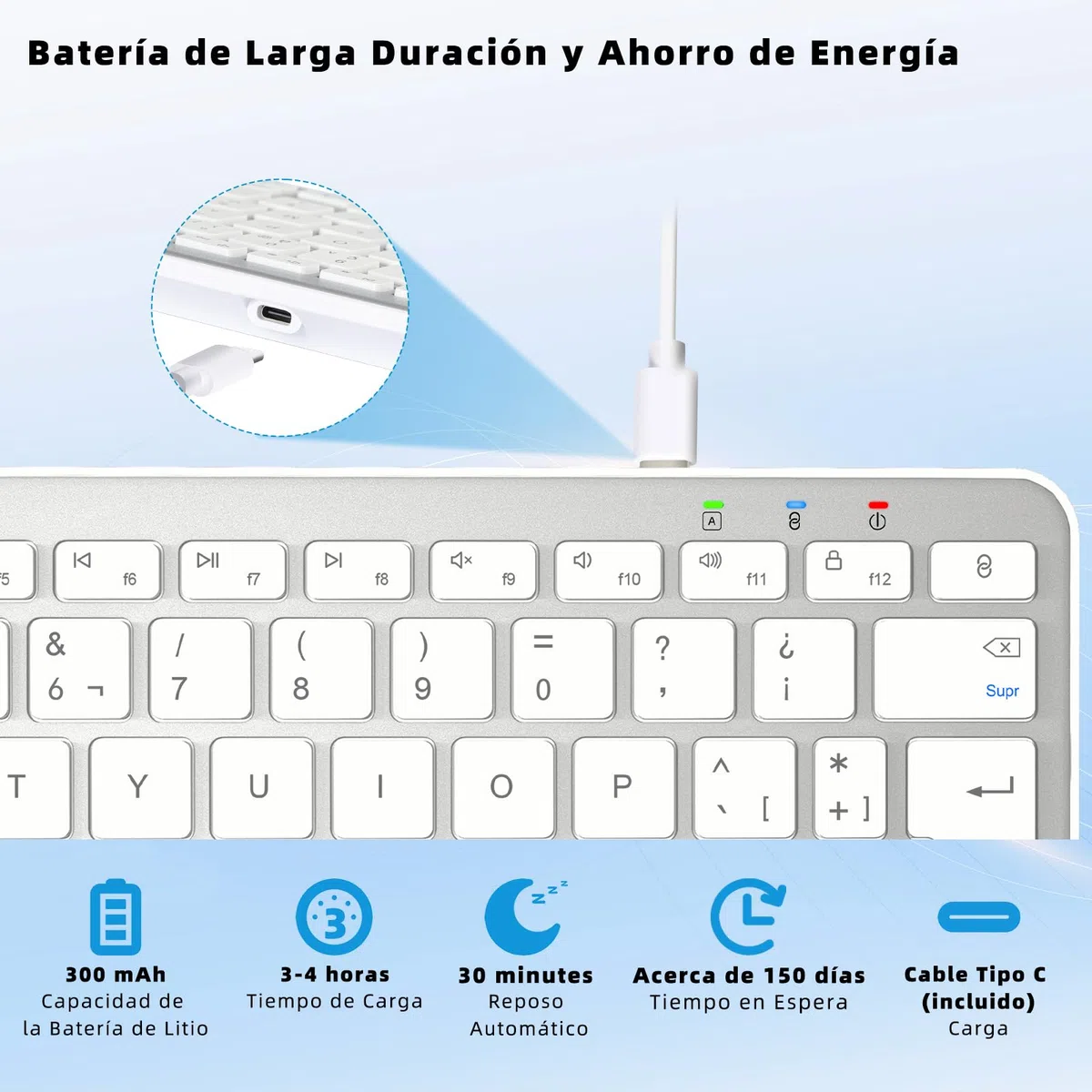 Teclado Bluetooth Español para iPad, iPhone, Tablet Samsung, Compatible con Todos los Dispositivos con Bluetooth de iOS, Android, Windows, Blanco