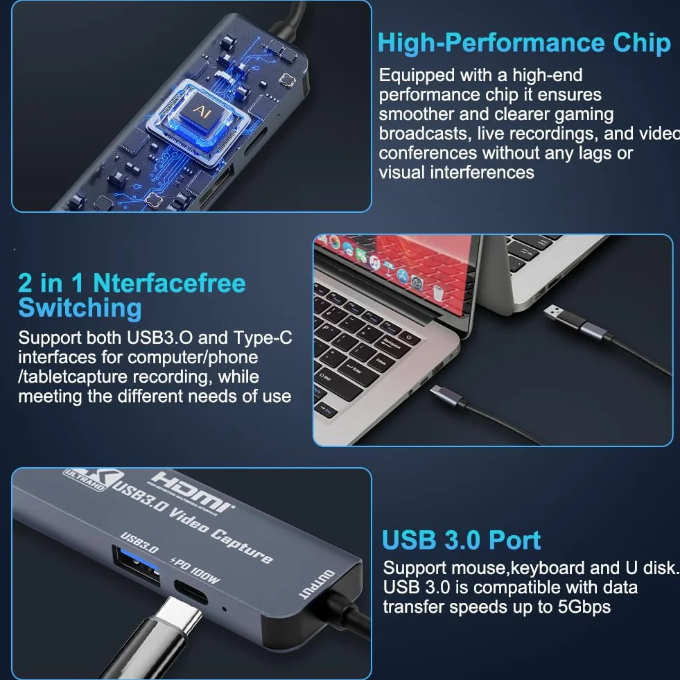Flintronic Capturadora Video HDMI, 4K 1080P 60FPS, USB C 3.0 Tarjeta Captura Vídeo, 100W PD, Cargar Mientras se USA, para Streaming, Grabación de Juegos y Transmisión en Vivo – Compatible, Enseñanza