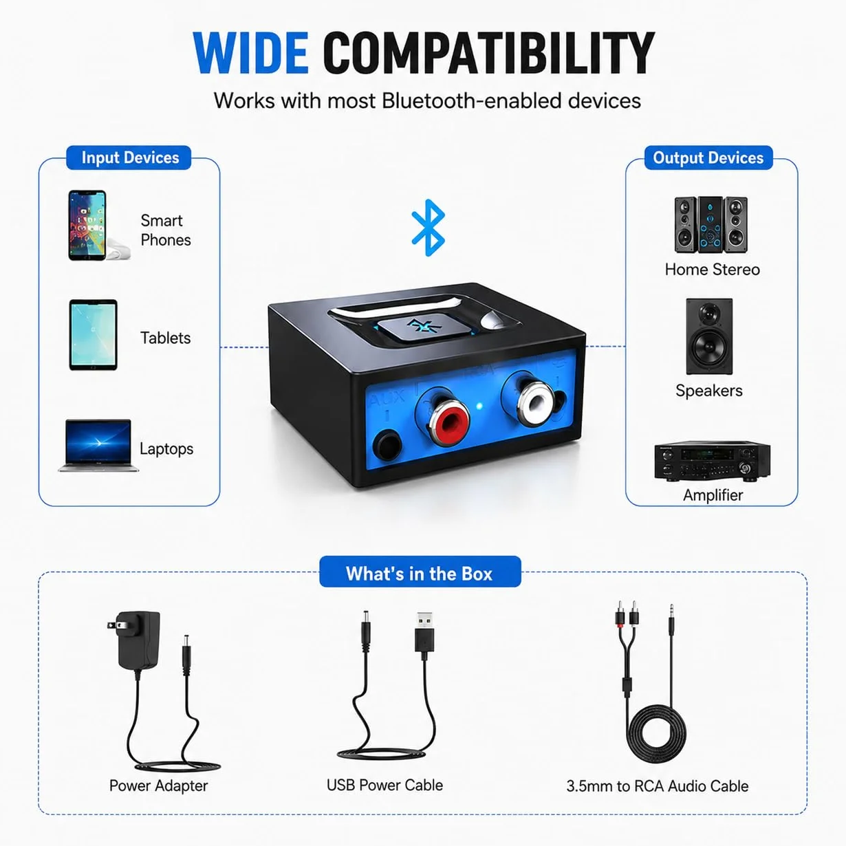 esinkin Receptor de Audio Inalámbrico, Adaptador Bluetooth para PC/Mac/Smartphone/Tablet/Receptores AV/Coche, Salidas 3.5 mm y RCA para Altavoces, Boton de Encendido/Apagado