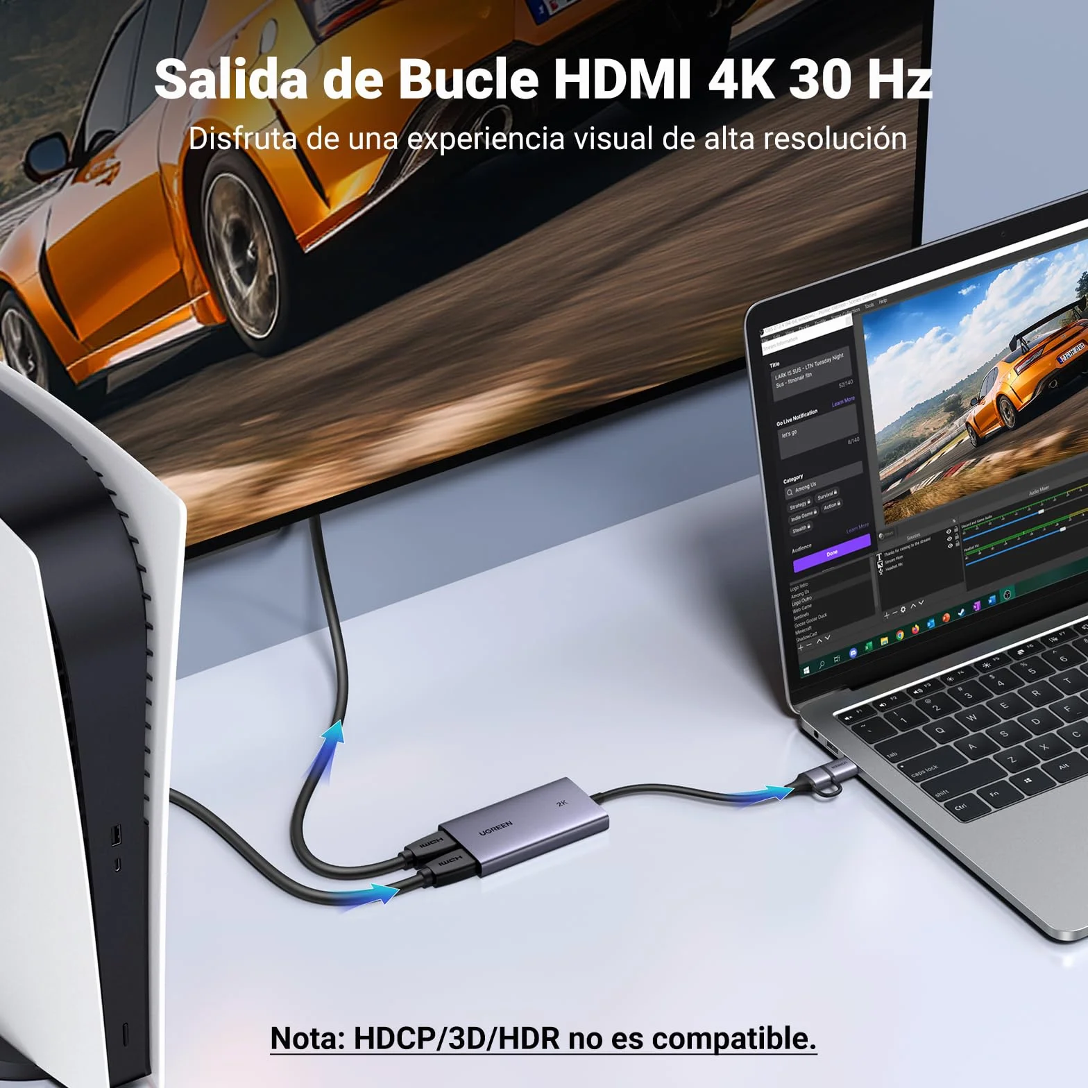 UGREEN Capturadora Vídeo HDMI Entrada 4K 30Hz Captura 2K 30Hz HD Capture Card per Streaming Gaming OBS Paso de señal 4K Compatibile con PC Switch PS5 Xbox MacBook iPad Camera
