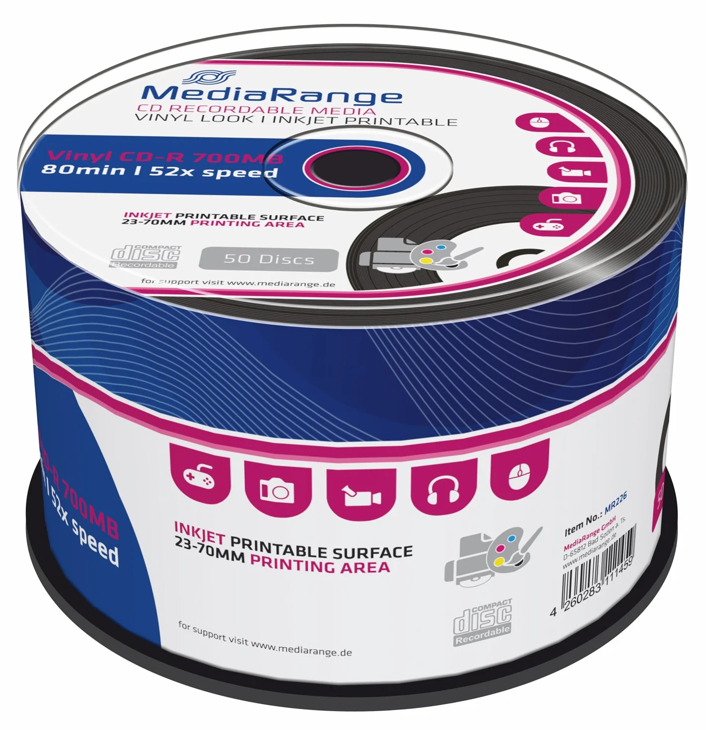 MediaRange MR226 - CD-R Imprimible con aspecto de disco de Vinilo, Pack de 50 unidades