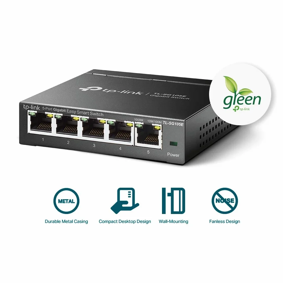 TP-Link TL-SG105E Unmanaged Pro Switch, 5 Puertos Gigabit Inteligente, Plug and Play, Gigabit Puerto, Caso Metal VLAN, QoS, Software de Gestión Inteligente Fácil, Negro