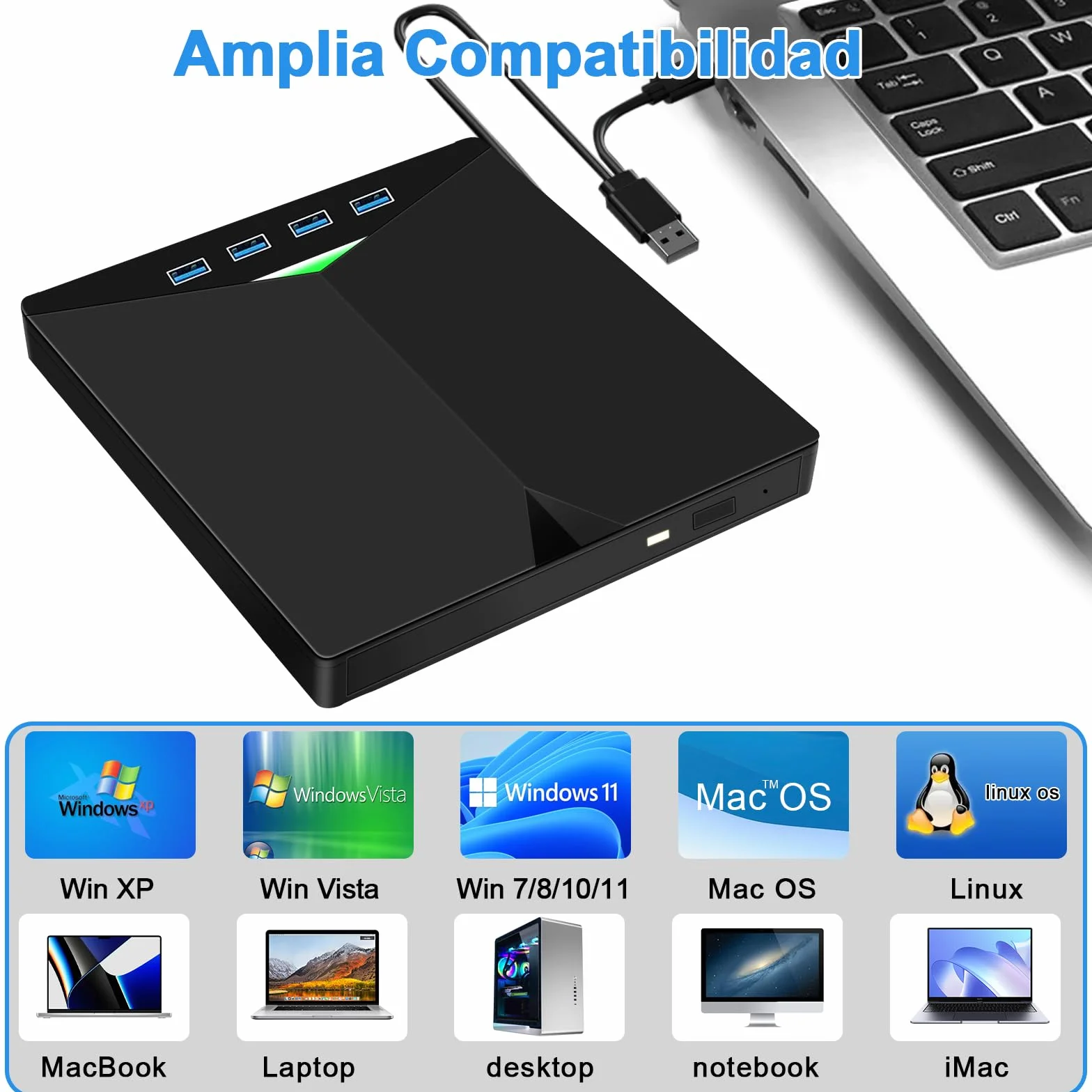 Lector CD Externo para PC, Superdelgado Grabadora DVD Externa Unidades USB 3.0 y USB-C Portátil -RW/ROM Estable para Laptop, Desktop, Windows XP/7/8/10/11/Vista/Linux/MacOS