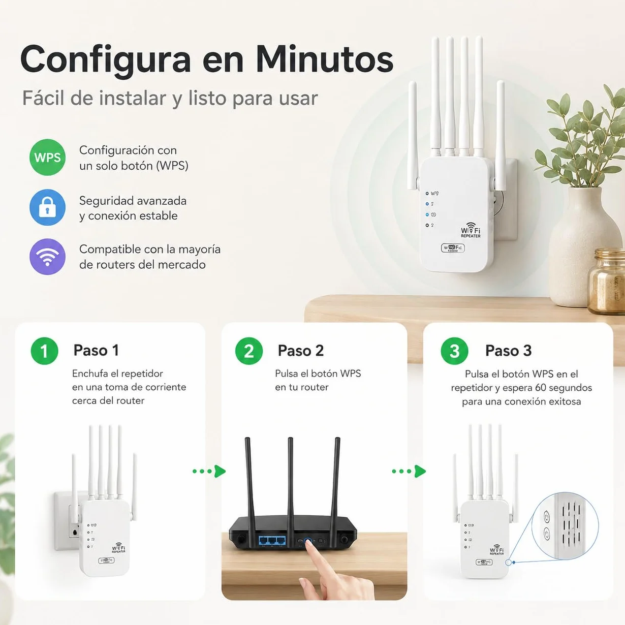 2026 Nuevo Repetidor WiFi 1200 Mbps, Amplificador de Señal WiFi de Largo Alcance 2,4 y 5 GHz con 6 Antenas, Extender up to 120 m2, Configuración Sencilla de WPS, para Hogar y Oficina Pequeña (1200M)