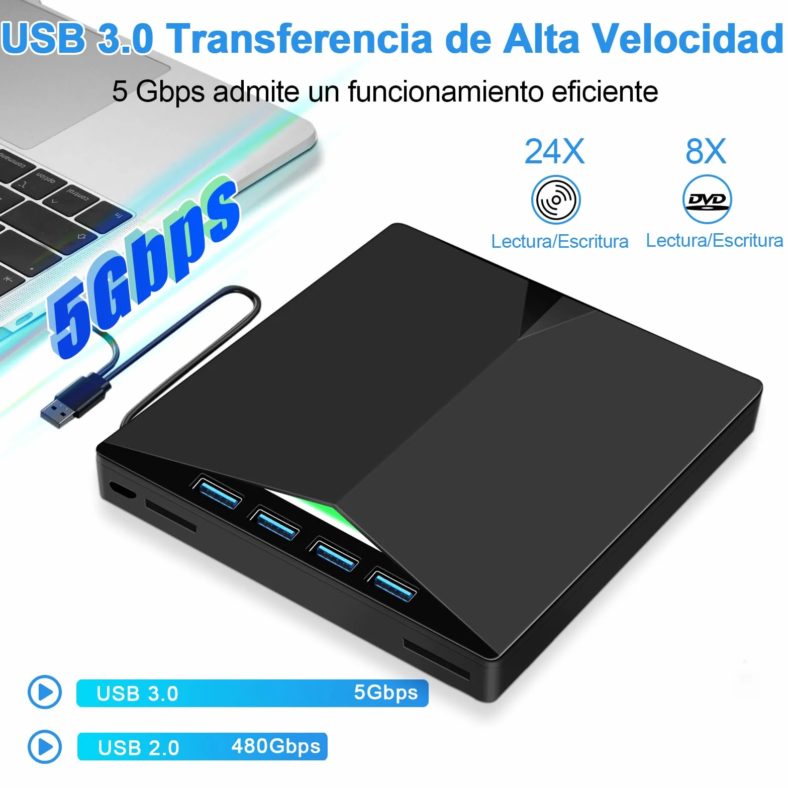 Lector CD Externo para PC, Superdelgado Grabadora DVD Externa Unidades USB 3.0 y USB-C Portátil -RW/ROM Estable para Laptop, Desktop, Windows XP/7/8/10/11/Vista/Linux/MacOS