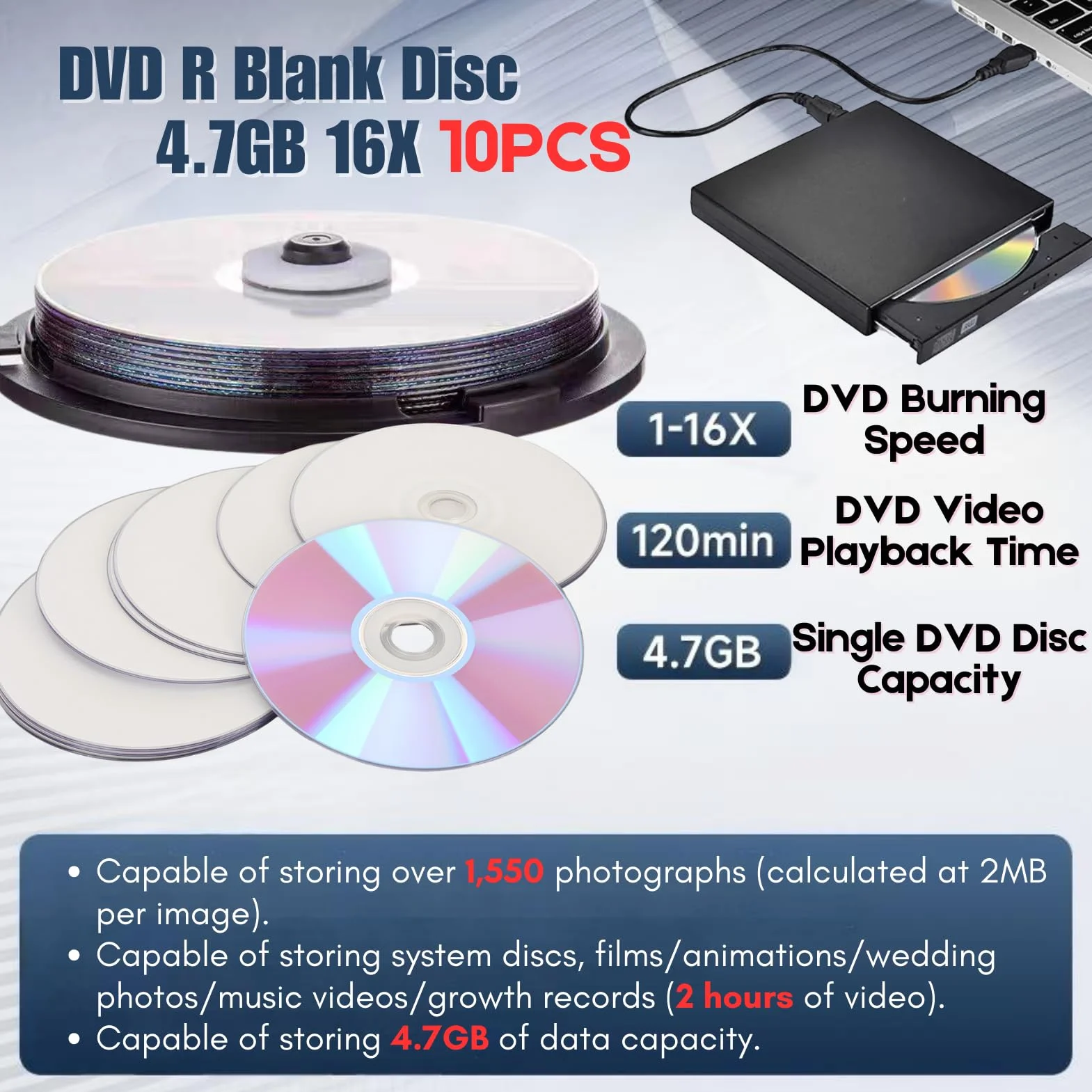 DVD R Disco en Blanco 4,7 GB 16X Discos Multimedia grabables de Alta Velocidad Material de PC de Primera Calidad Resistente y Duradero para Almacenamiento de Fotos y (10PCS)