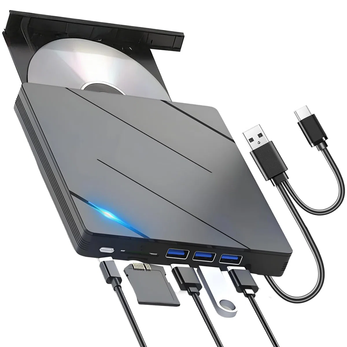 7 en 1 Lector CD/DVD Externo para PC, Grabadora DVD Externa con 4 Puertos USB y 2 Ranuras para Tarjetas TF/SD, Portatil External CD DVD +/-RW Drive, USB 3.0 y USB-C Reproductor para Macbook Windows