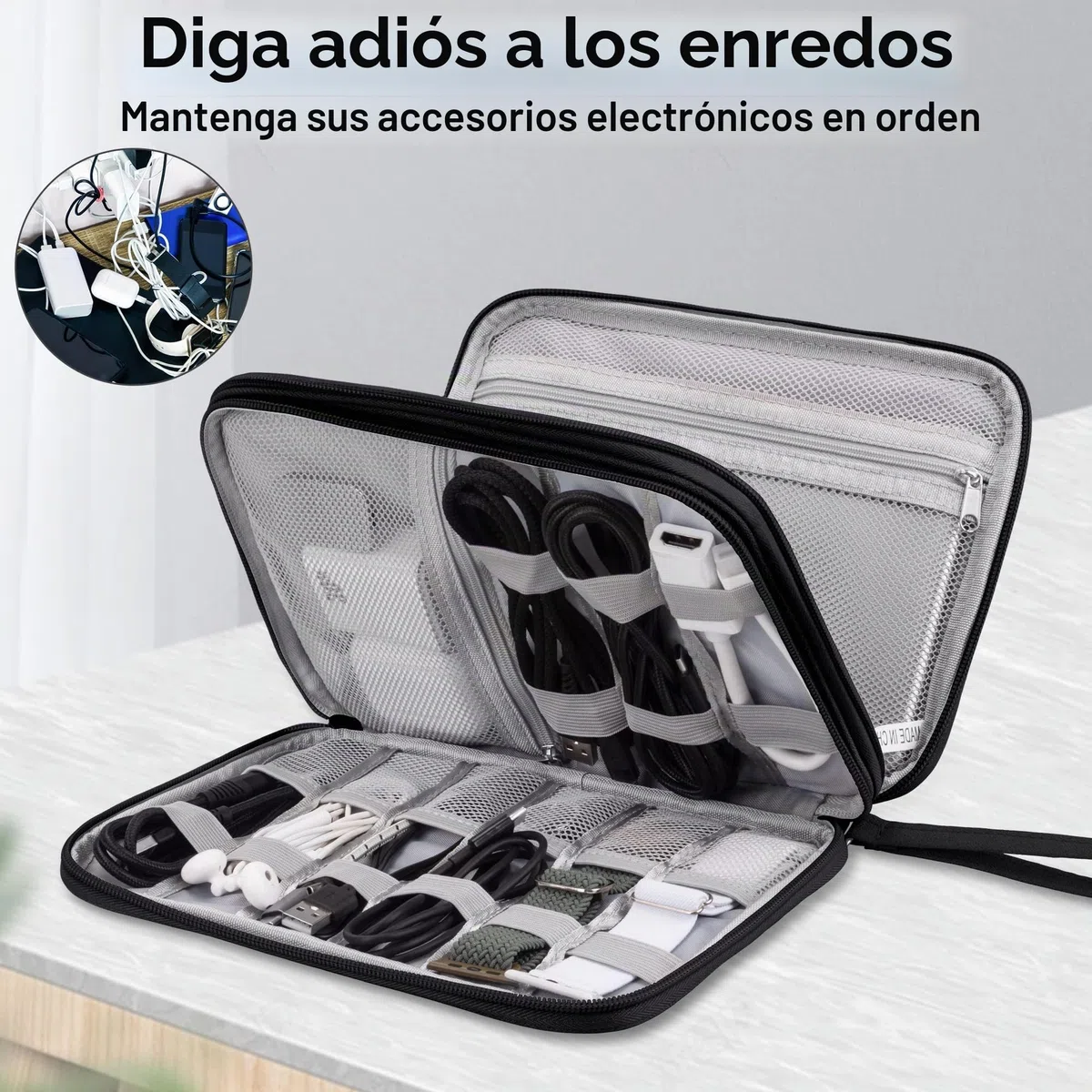 Arae Organizador de Cables para Viaje con Doble Capa - Bolsa Técnica Impermeable para Cargadores, Teléfonos, Auriculares, Tarjetas | Travel Essentials para Viajes Accesorios, L, Negro