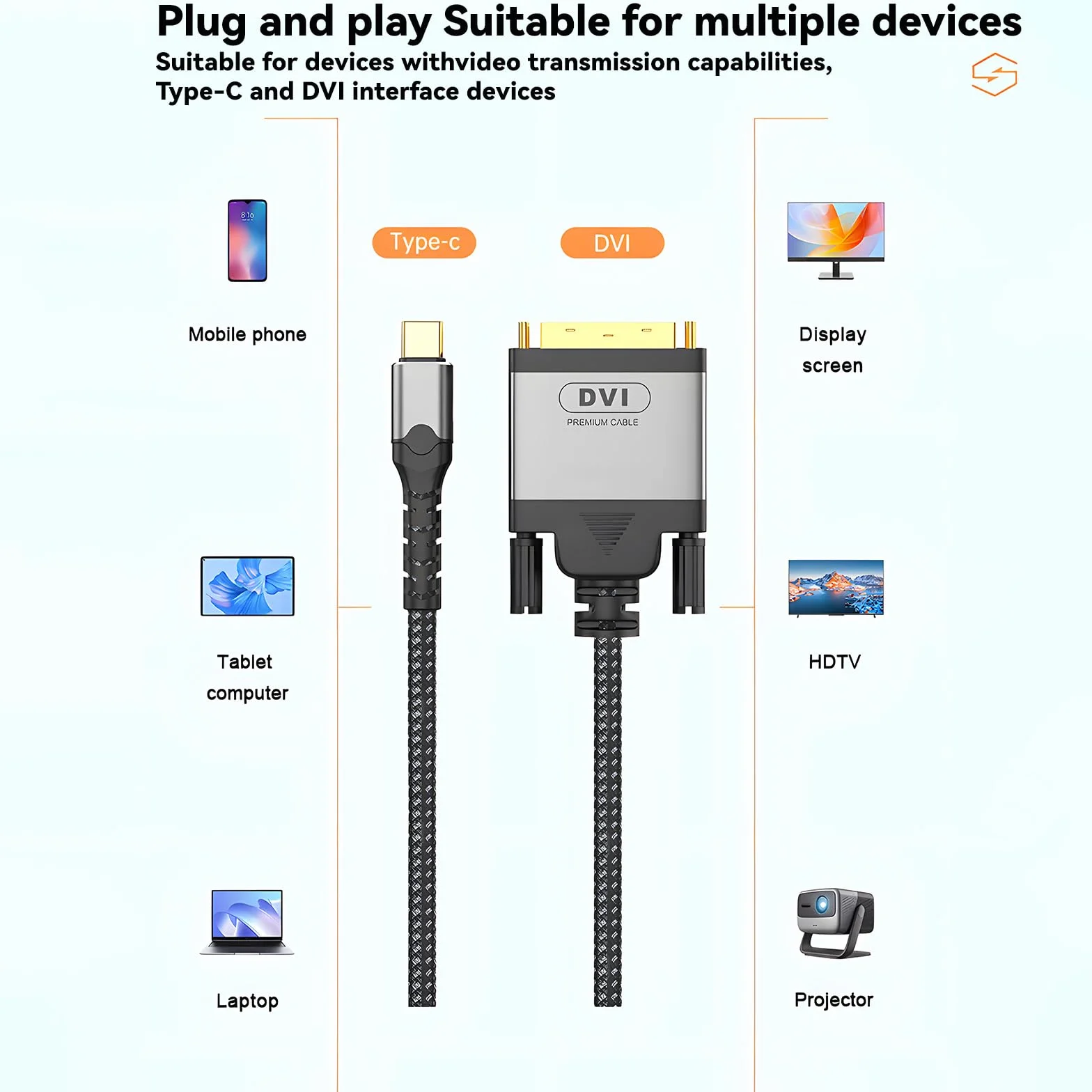 Cable USB C a DVI 4K @30Hz Thunderbolt a DVI Cable USB Type-C (Thunderbolt 3) a DVI, Cable USB-C a DVI-D Compatible con MacBook Pro, Samsung Galaxy, Surface Book, Dell, Pixelbook y más-2M
