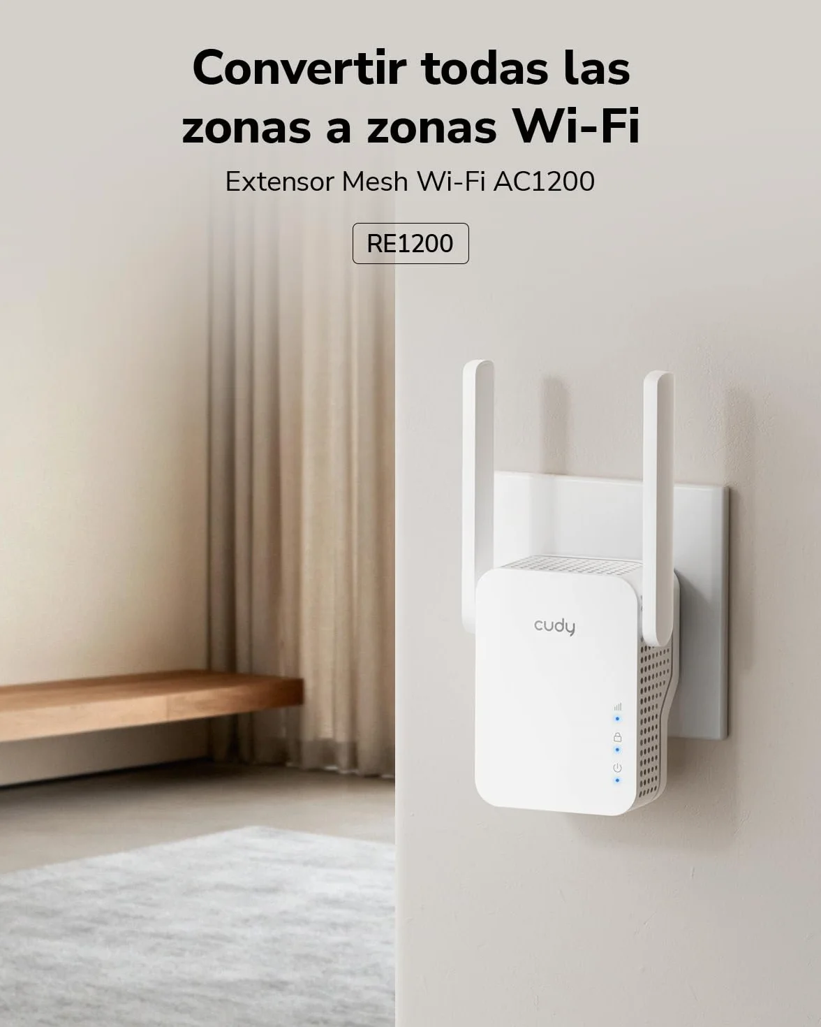Cudy AC1200 Mesh- Repetidor de WiFi Mesh1200Mbps 5GHz/2.4GHz, Amplificador WiFi Extensor con Enchufe, Indicador de Señal, Antenas Internas, Blanco RE1200