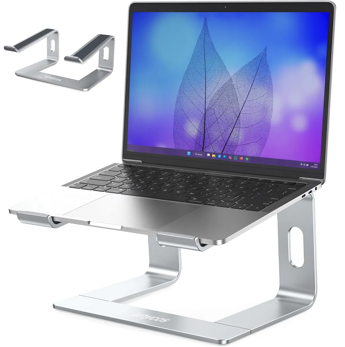 unycos - Soporte para Portátil Antideslizante de Aluminio, Compatible con Ordenadores de 10''/13''/15,6'' Ventilación y Disipación del Calor, 100% Ergonómico | Reduce Tensiones en el Cuello (Plata)