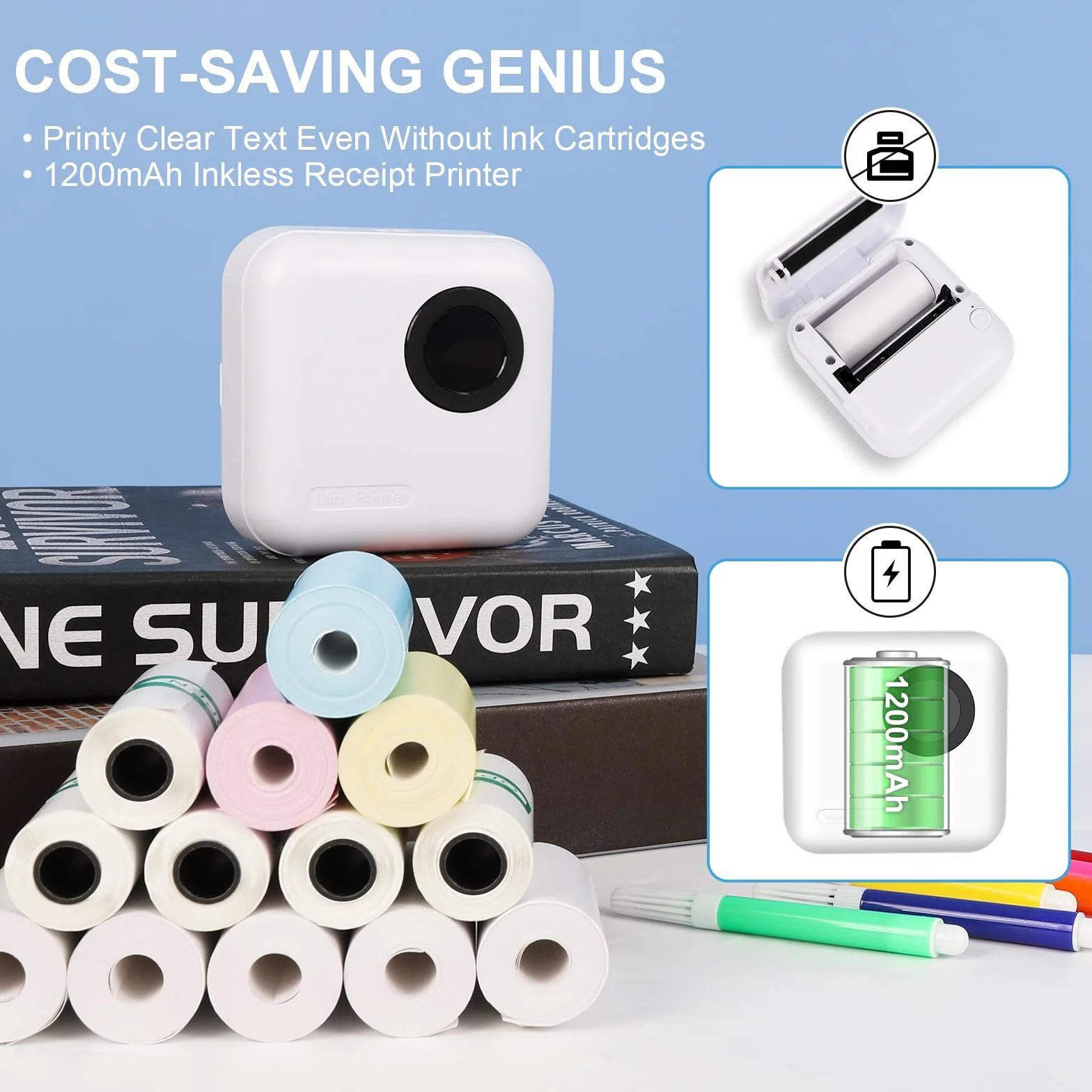 GuKKK Mini impresora, impresora fotográfica portátil, mini impresora fotográfica inalámbrica, impresora térmica para smartphone, impresora Bluetooth, para ayuda de aprendizaje, notas de aprendizaje