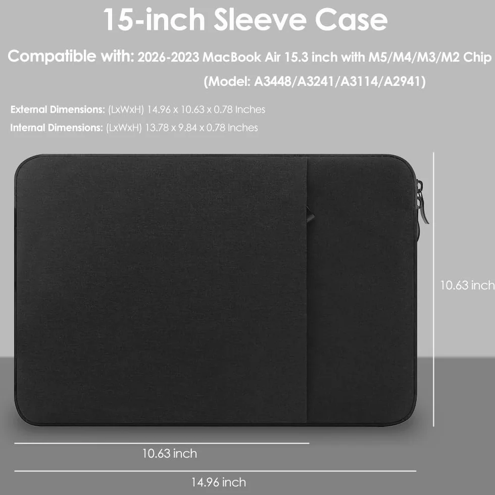 ProElife Funda para Portátil de 15 Pulgadas para MacBook Air 15 Pulgadas (2026-2023) con Chip M5/M4/M3/M2 - A3448/A3241/A3114/A2941 - Maletín Portátil Impermeable con Bolsillo de Accesorios (Negro)