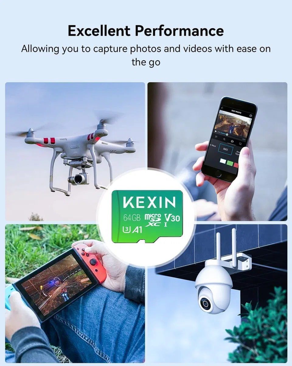 KEXIN 64GB Memoria Micro SD Tarjeta U3 Clase 10 Mini USB Micro SDXC V30 Tarjeta 64GB con Adaptador para PC, Tableta,Drone,Cámara Deportiva y Smartphone