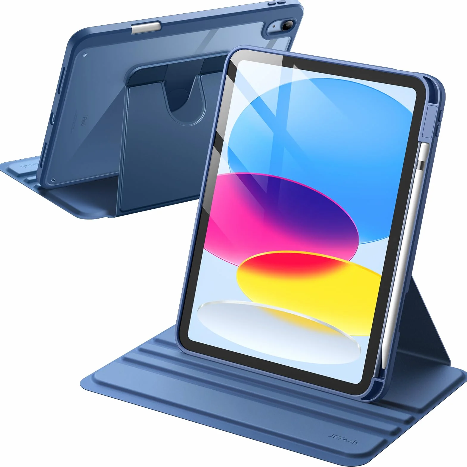 JETech Funda Giratoria para iPad (A16) 11.ª/10.ª Generación (2025/2022) con Soporte para Pencil, Carcasa Soporte Rotación de 360 Grados Protectora Respaldo Clara (Marino)