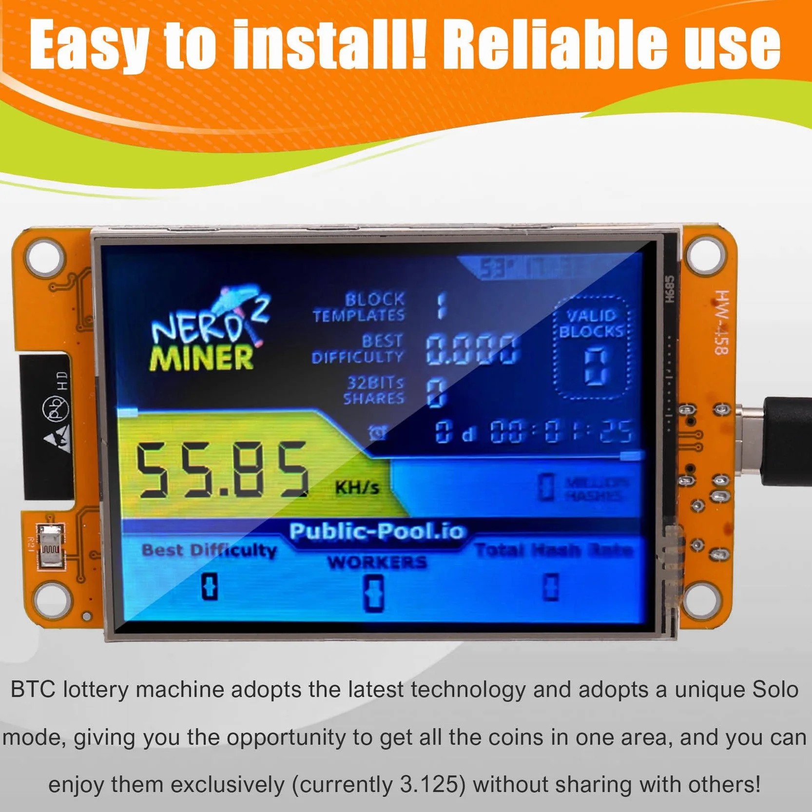 NerdMiner 2 Miner 55-60KH/S BTC Lottery Solo Miner Pantalla de 2,8 Pulgadas Bitcoin BTC Miner Solo Nerd Miner