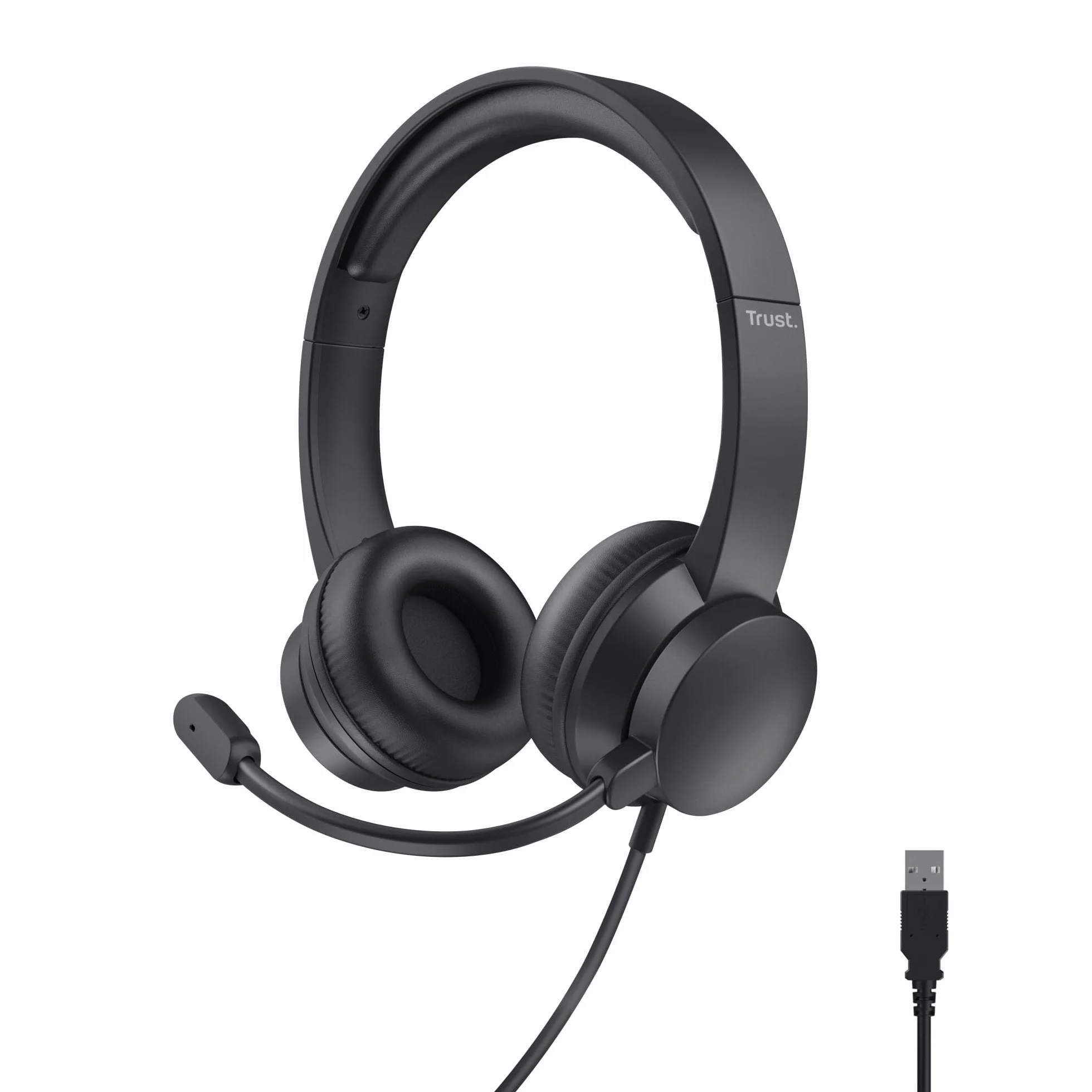 Trust Roha II USB Auriculares con Micrófono PC Ligero On Ear, Diadema Ajustable, Control de Volumen Supraaural, Cable de 1,8 m, Cascos per Oficina Ordenador Portátil Laptop Zoom Teams - Negro