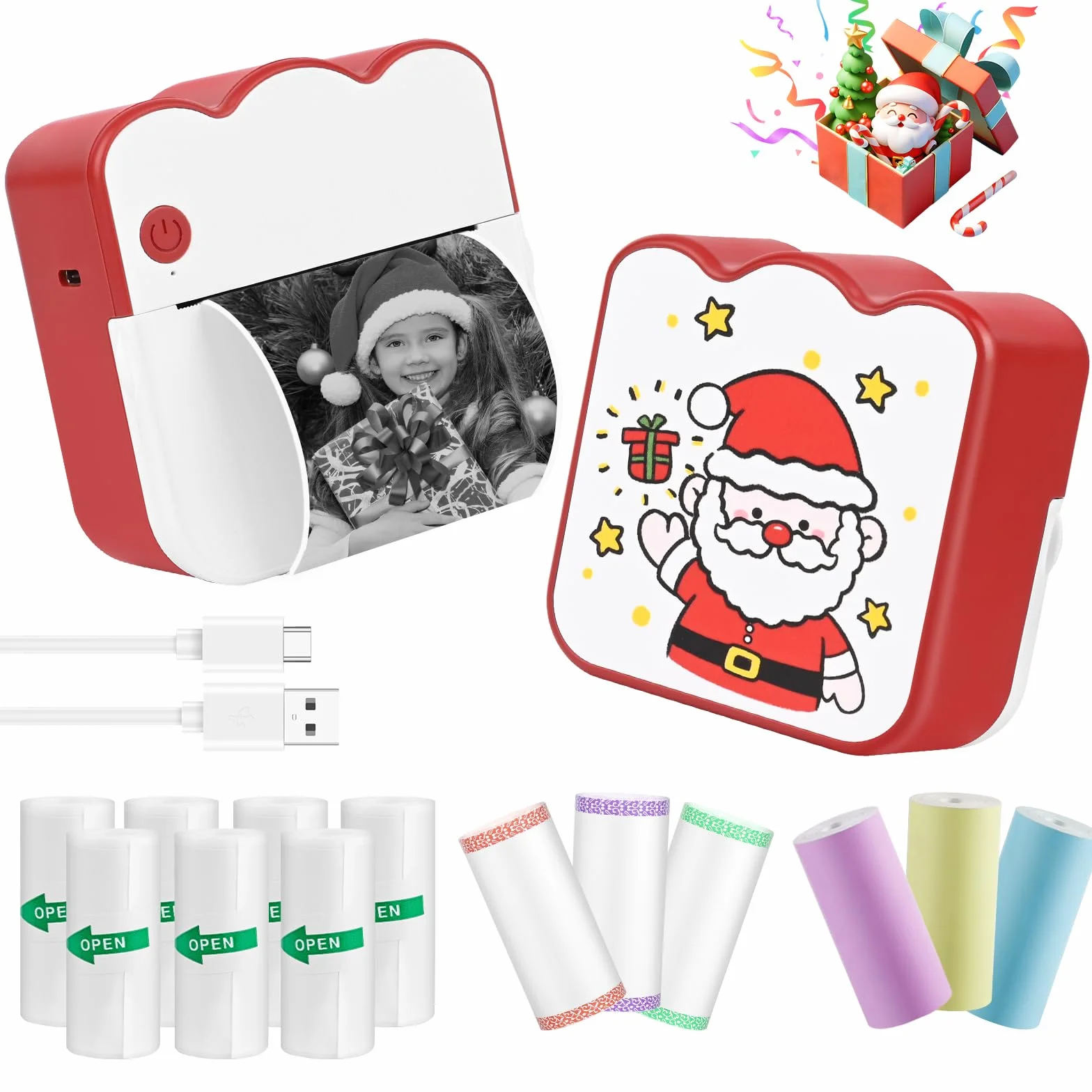 Mini Impresora para Movil, Navidad Impresora Fotográfica con 13 Rollos de Papel, Portátil Mini Impresora Bluetooth Inalámbrico Impresora Térmica, Movil Impresora Fotos, para Fotos Nota, Imagen