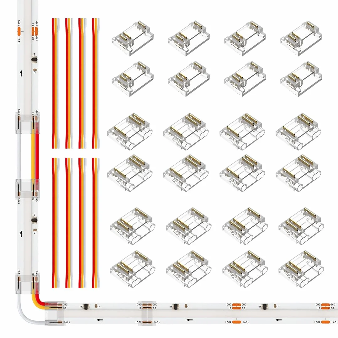 SEZO Juego de Conectores LED FCOB RGB IC de 3 pines 12mm 24 Unidades Transparente sin Soldadura Placa a Bordo Conector de Cable + 8 Cables de Extensión de 15cm de Largo 22 AWG