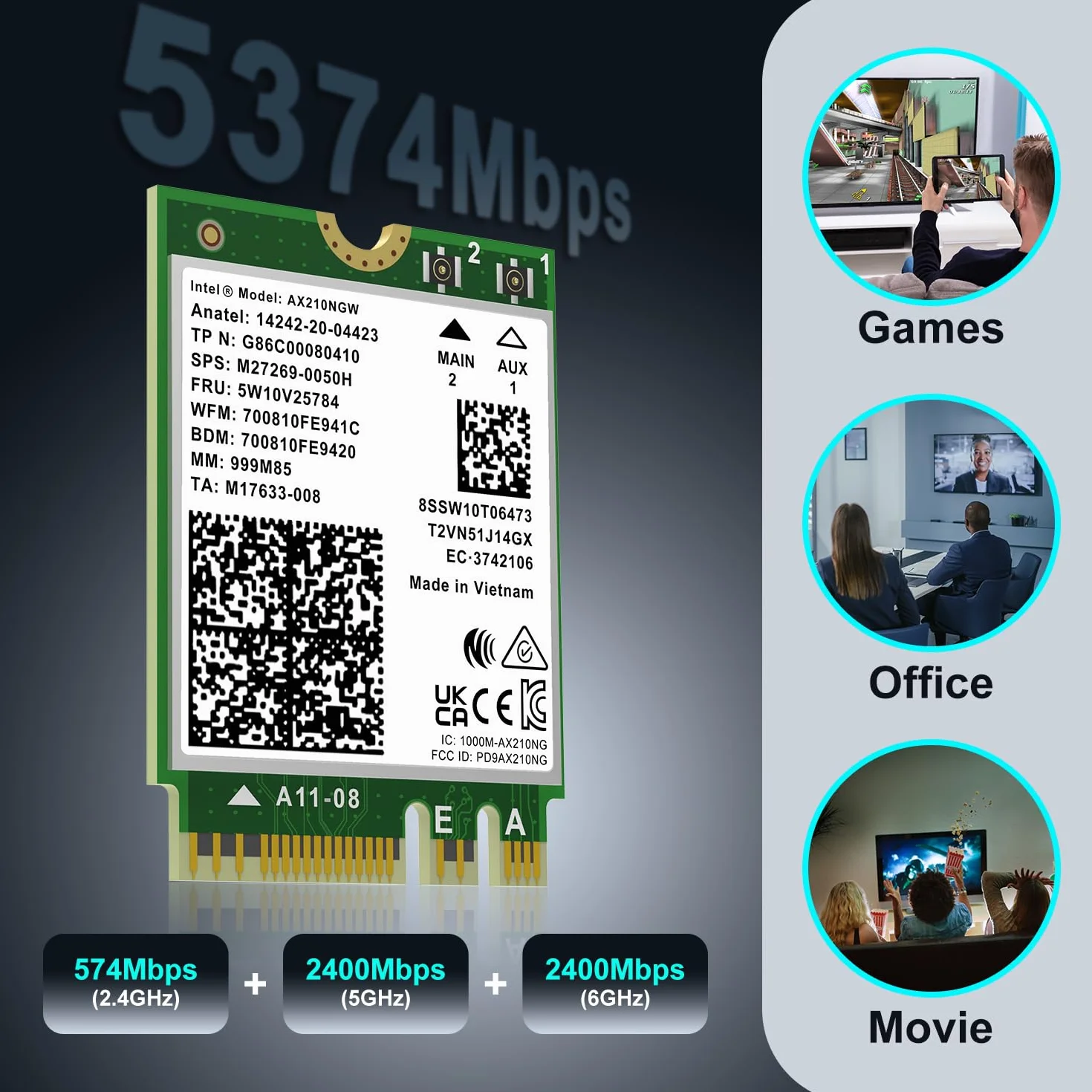 Tarjeta inalámbrica WiFi 6E Intel AX210NGW, Bluetooth 5.3 tribanda, 5400 Mbps, M.2/NGFF, para PC y portátil, Compatible con Windows 10/11 (64 bits)